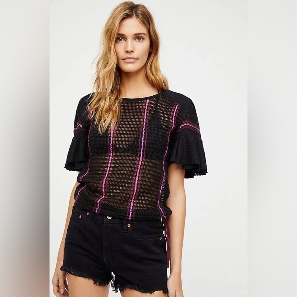 Free People Babes Only Stripe Knit Short Sleeve Woven Top Sz S